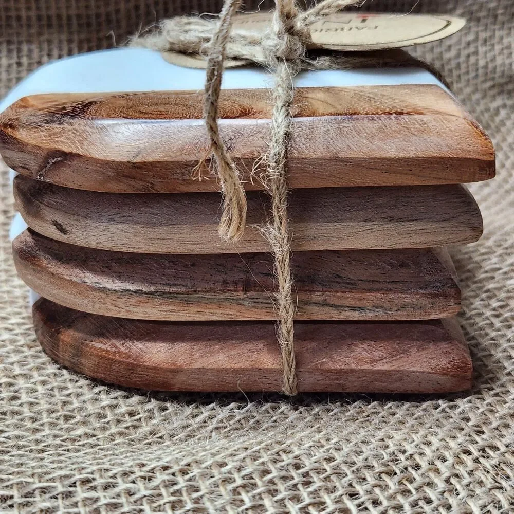 Coasters Handmade Heart Marble and Wood India Boho Farmhouse Rustic Decor 4 NWT